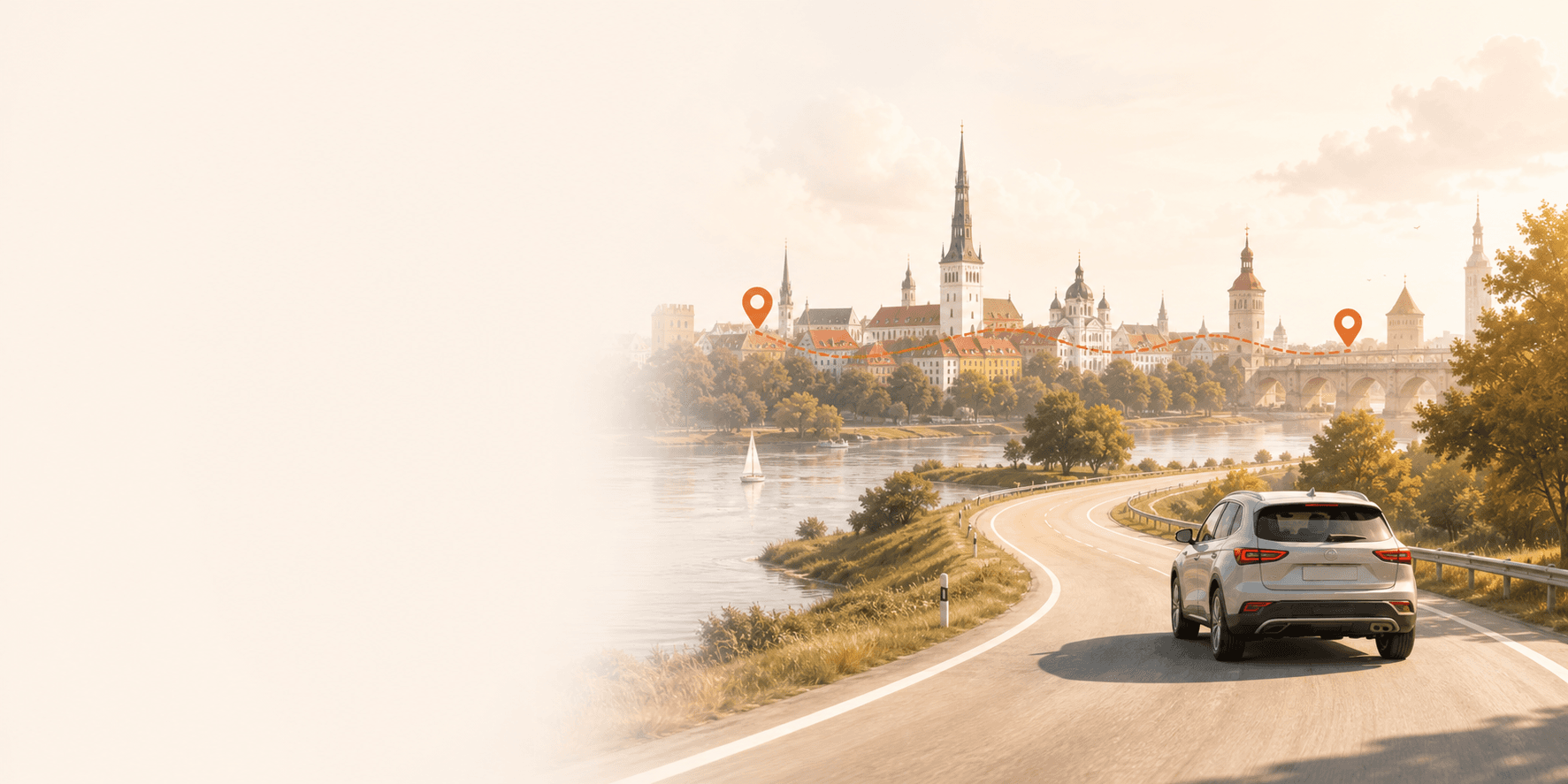 A car travelling toward a Baltic old-town skyline
